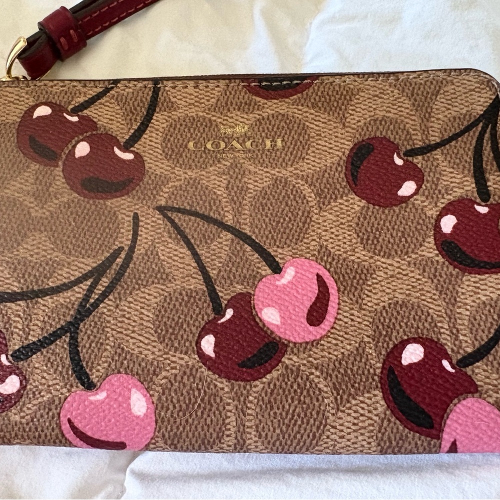 Coach Brown and Pink Cherry Print Clutch